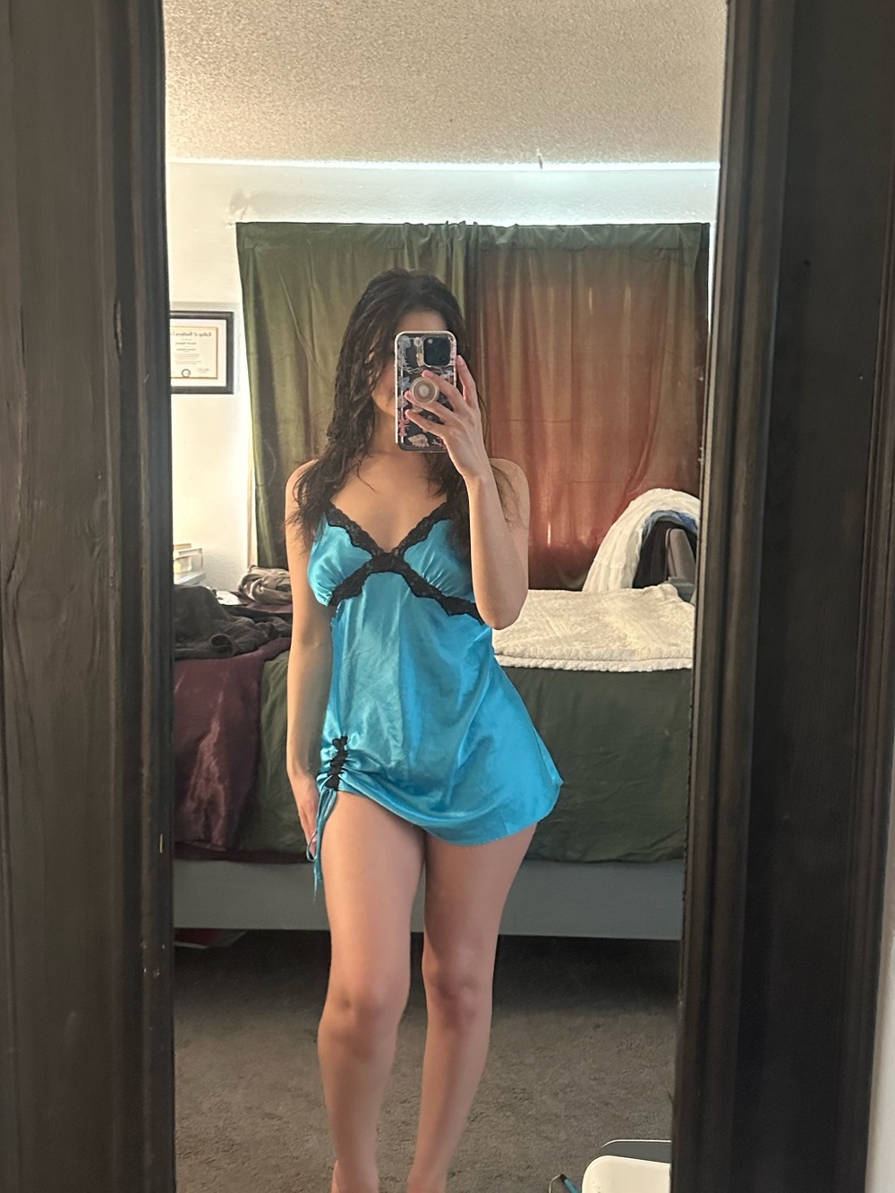 MEDIUM Victoria’s Secret Satin Chemise Nightdress in Turquoise with Black Trim